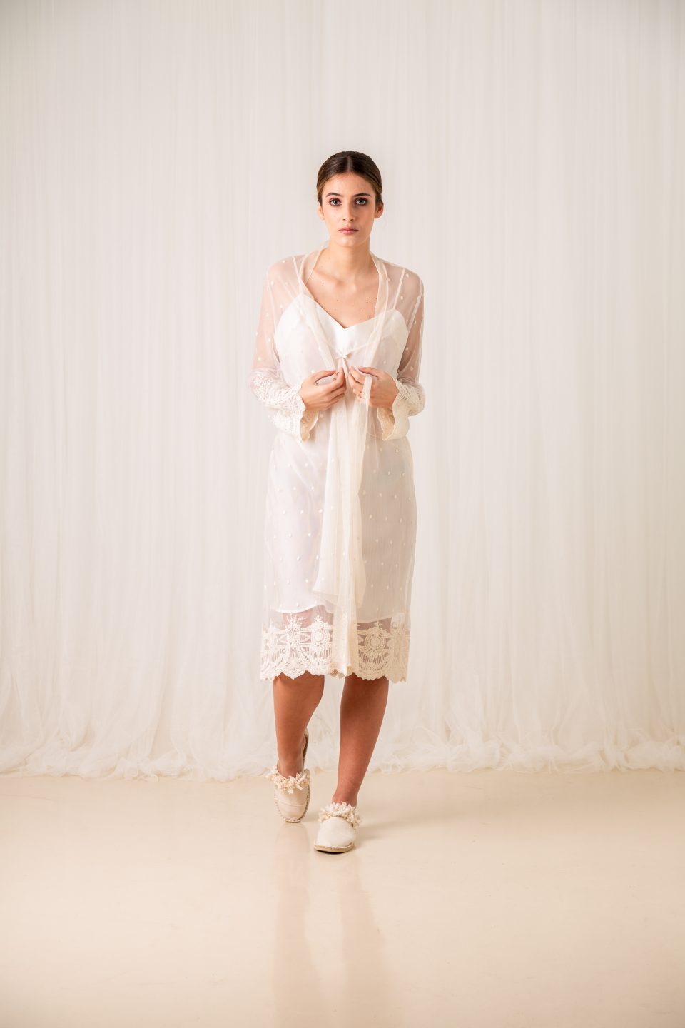 Celine tulle bridal robe with a lace hem, full-length view