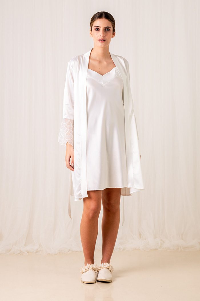 Lola satin bridal robe over a matching slip