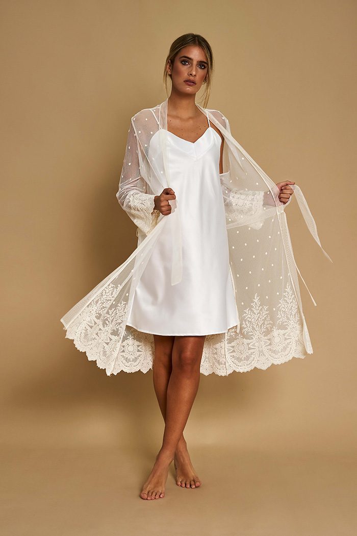 Celine bridal robe in motion, lace hem flowing