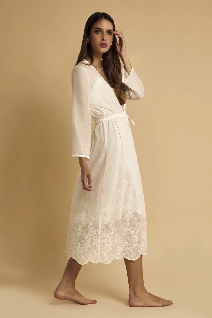 Paula long silk bridal robe with an embroidered hem