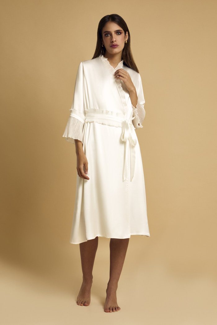 Marina white satin bridal robe with pleated cuffs