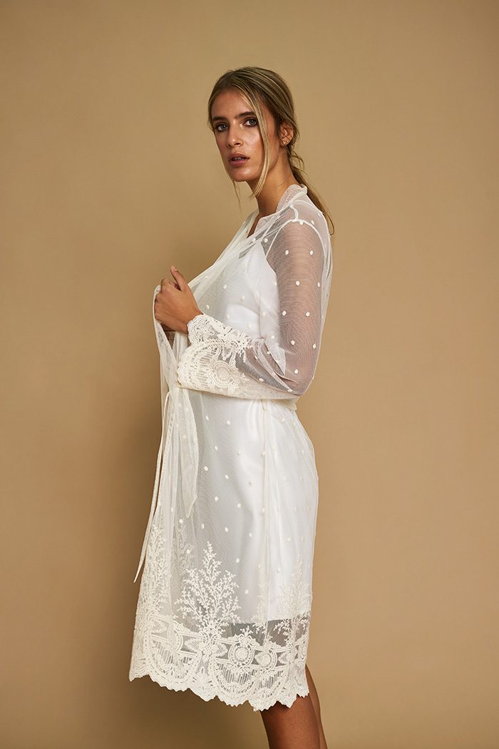 Celine bridal robe in profile, with plumeti tulle sleeves and lace cuffs