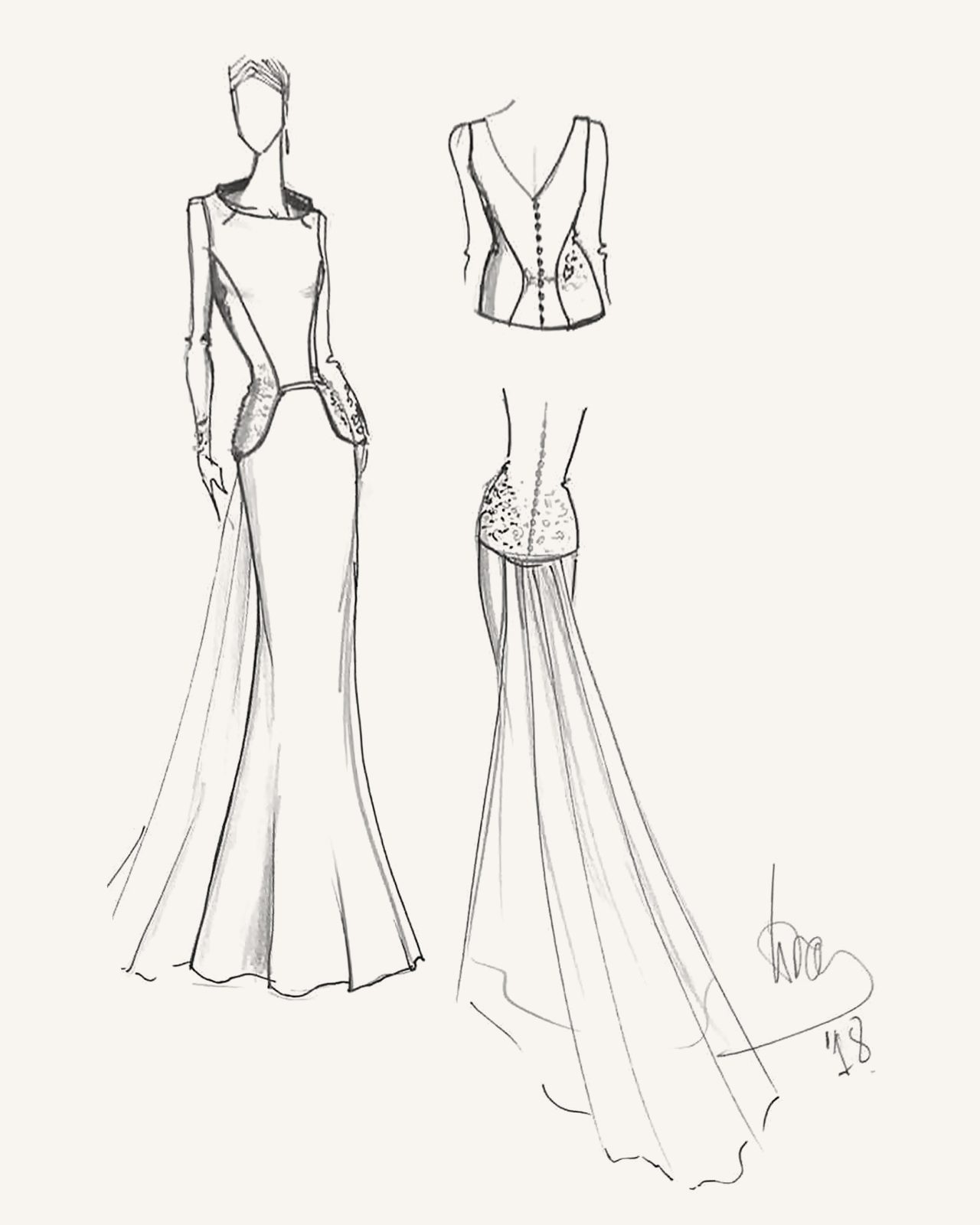 Bespoke wedding dress pencil sketch, front and back, by María Palomo