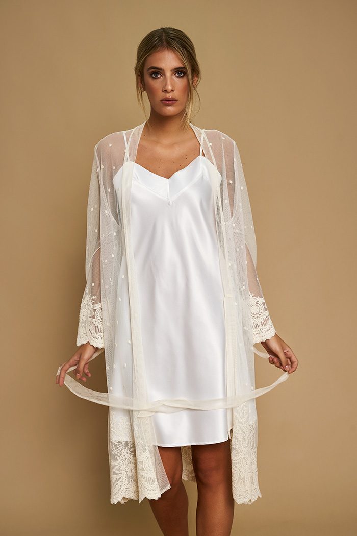 Open Celine bridal robe from the front, tulle bow in hand