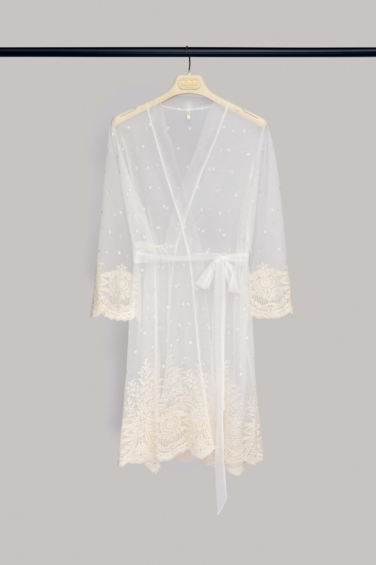 Full-length Celine bridal robe in plumeti tulle with lace hem and cuffs