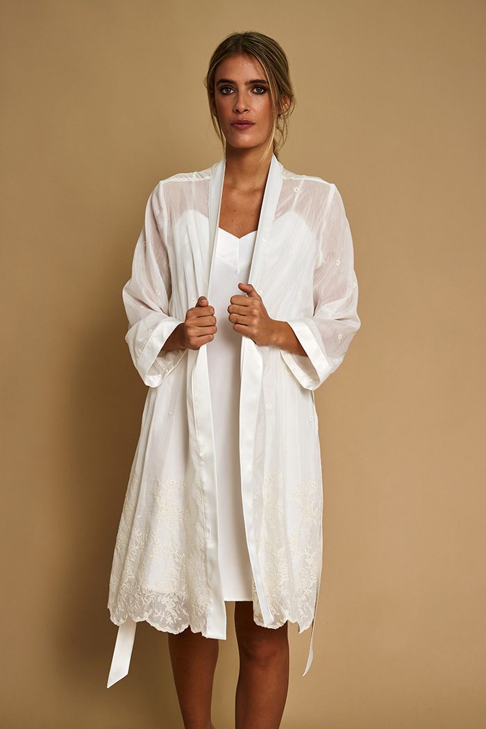 Open Alma bridal robe with wide sleeves and floral embroidered hem