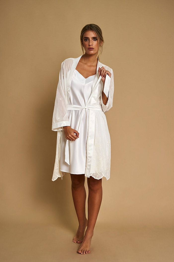 Alma bridal robe tied with a satin sash over the matching nightgown
