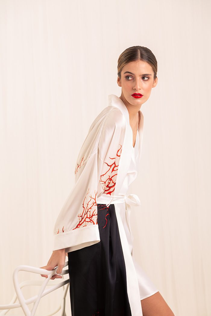 Coral bridal kimono robe – detail 2