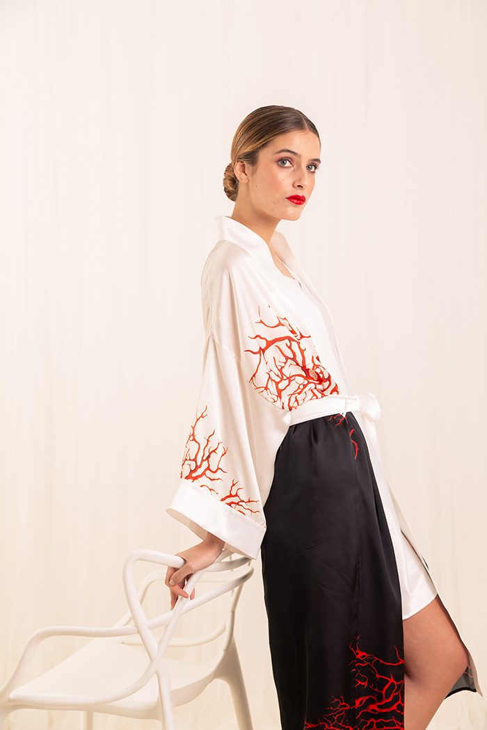 Coral bridal kimono robe – detail 3