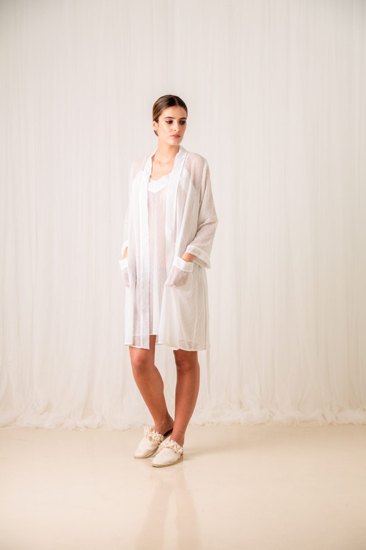 Personalised bridal nightgown with plumeti robe, María Palomo Couture