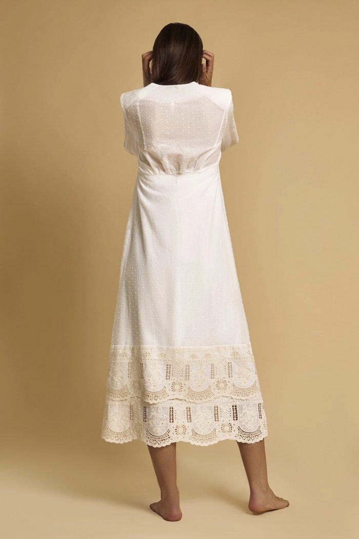 Claudine vintage bridal robe in midi length with mixed textures