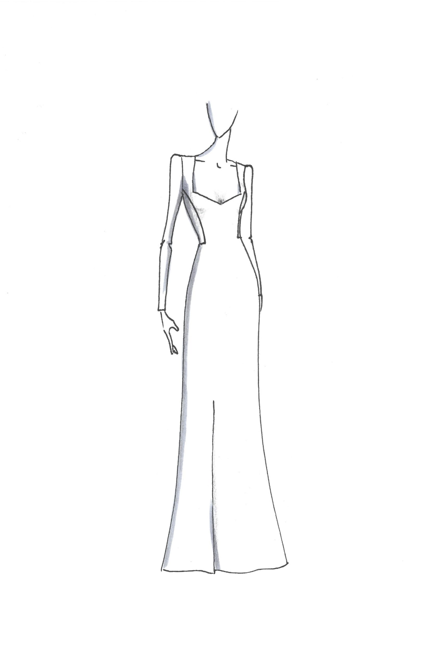 boceto de vestido de novia en Sevilla de María Palomo comprar vestidos de novia 2024, cola larga. Diseño exclusivo María Palomo